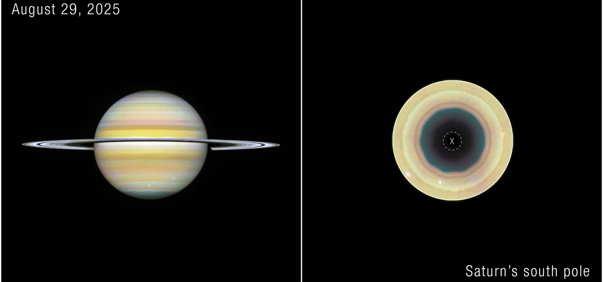 Decagon on Saturn’s south pole (colour image)