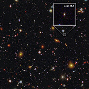 Galactic pioneer MXDFz4.4 (annotated Hubble and Webb image)