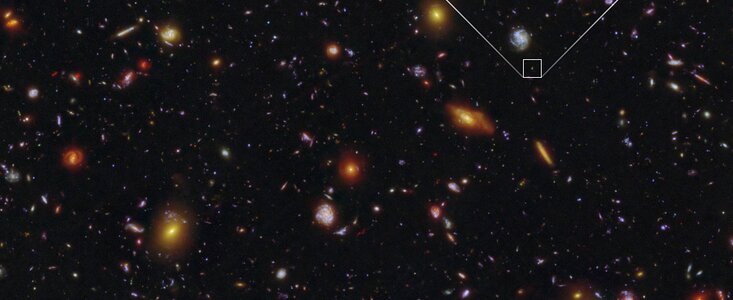 Galactic pioneer MXDFz4.4 (annotated Hubble and Webb image)