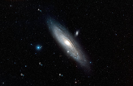 Labelled wide-field view of the Andromeda Galaxy (ground-based image)