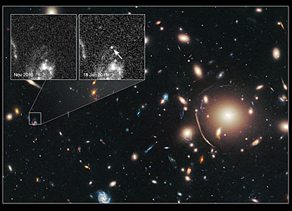 Cosmic lens Abell 383 helps Hubble to find a distant supernova (annotated)