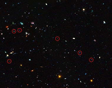 GOODS field containing distant dwarf galaxies forming stars at an incredible rate (annotated)