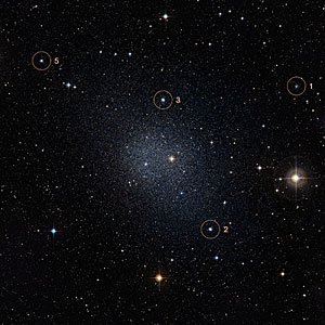Fornax galaxy with four globular clusters marked