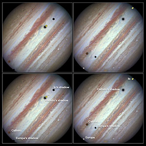 Three moons and their shadows parade across Jupiter — Comparison of beginning and end of sequence, including annotations