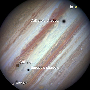 Three moons and their shadows parade across Jupiter — end of event, annotated