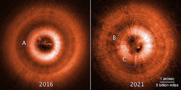 Hubble images TW Hydrae Disc Shadows (annotated)