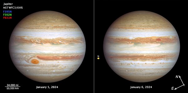 Hubble’s two new views of Jupiter (January 2024, compass image)