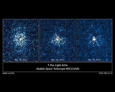 Flash of light from erupting star T Pyxidis illuminates debris disc