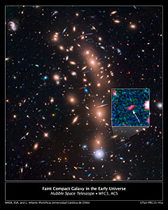 Faint compact galaxy in the early Universe