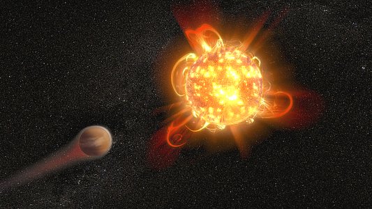 Artist's illustration of a young red dwarf stripping away a planet's atmosphere