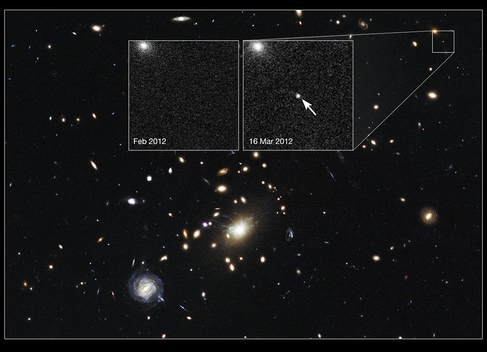 Cosmic lens RXJ1532.9+3021 helps Hubble to find a distant supernova (annotated)