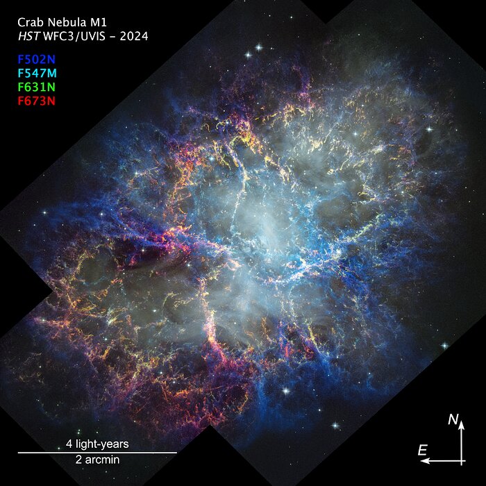 Crab Nebula (2024 Hubble image, annotated)