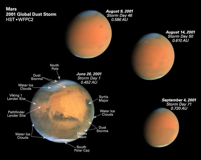 Four epochs of the global dust storm with Martian features identified