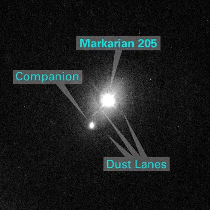 Annotated image of Markarian 205 and companion