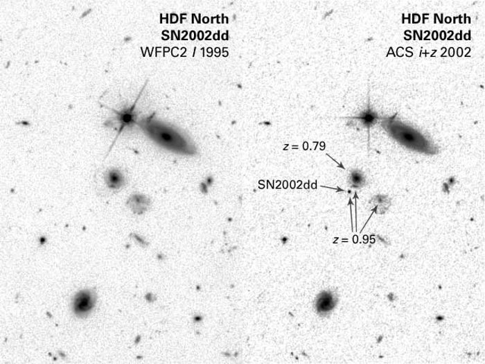 B&W version of WFPC2/ACS, both I-band, before and during SN, with labels