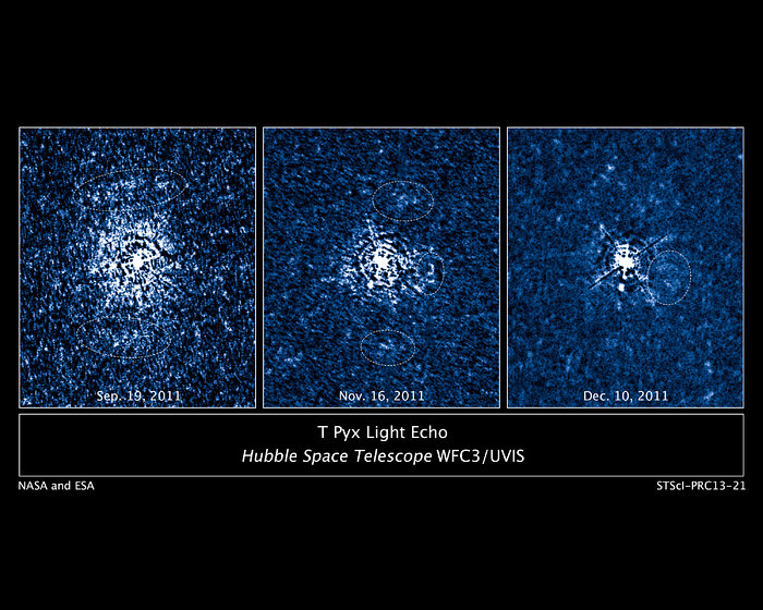 Flash of light from erupting star T Pyxidis illuminates debris disc