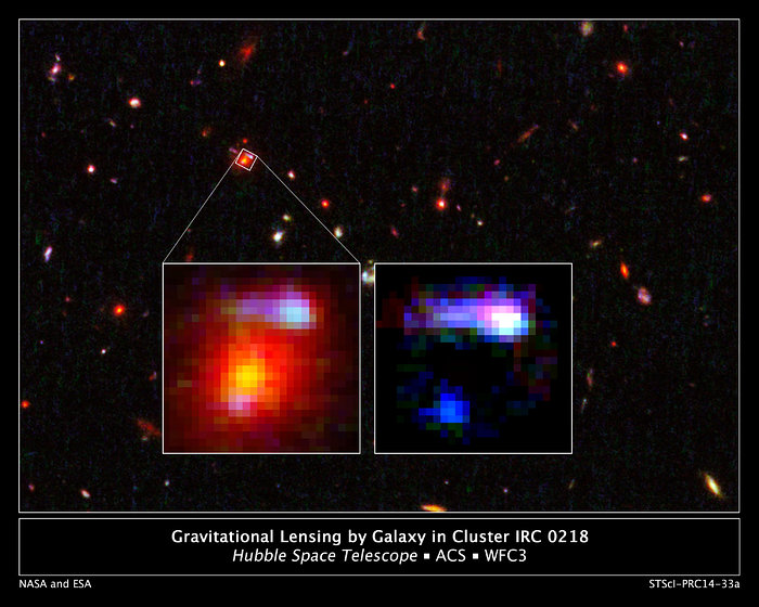 Gravitational lensing by galaxy in cluster IRC 0218, annotated