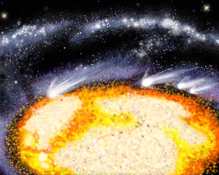 Illustration of Comet-Like Objects Racing Through the Cartwheel Galaxy's Core