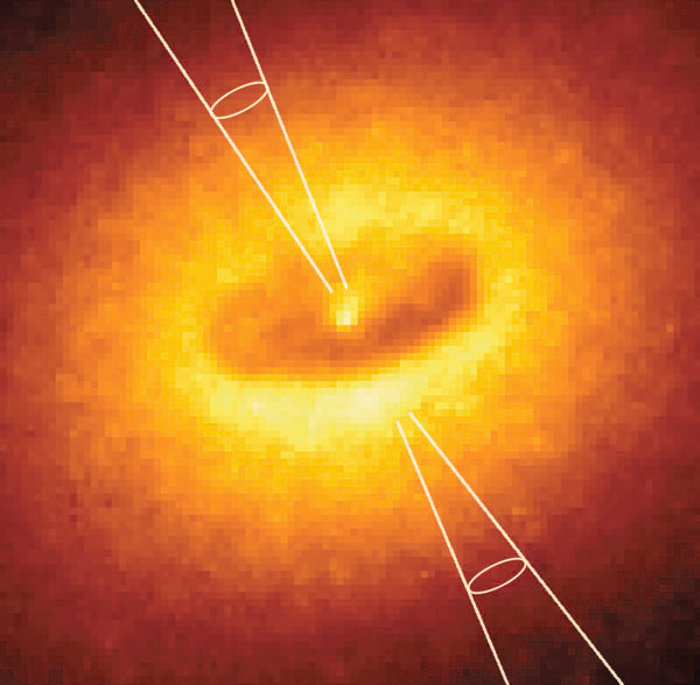 NGC 4261 WFPC with illustration of jet.