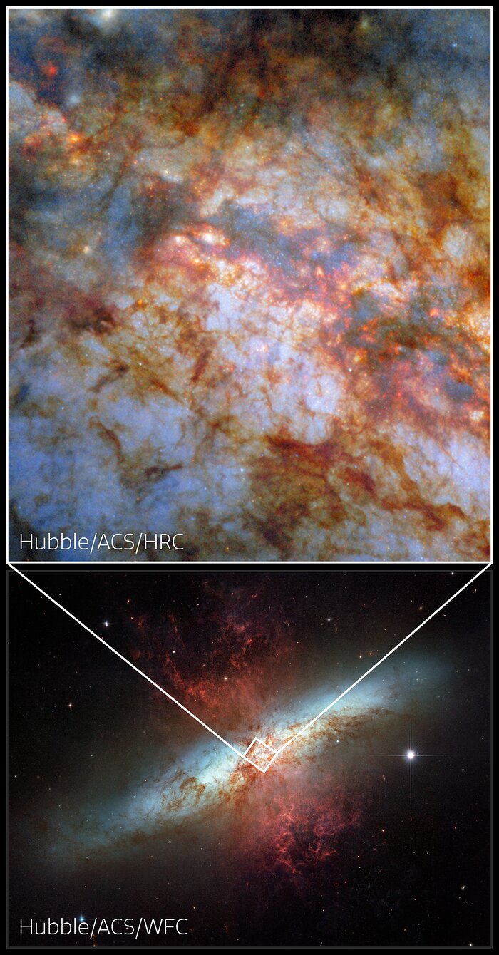 M82 and its smouldering heart (vertical collage)